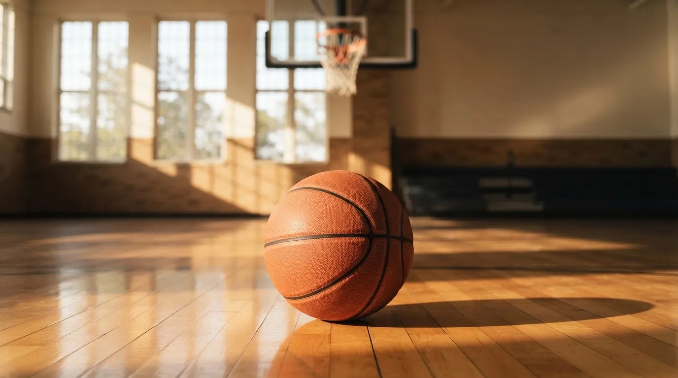Ein Basketball liegt auf dem Hallenboden unter einem Korb, das Netz hängt ruhig, Morgenlicht fällt durch hohe Fenster.