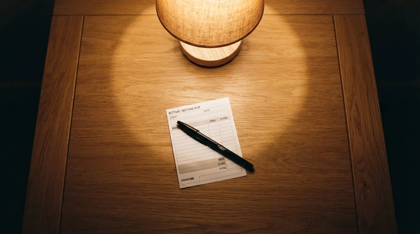 Ein leerer Wettschein aus Papier und ein Kugelschreiber liegen auf einer Tischplatte neben einer kleinen Tischlampe.