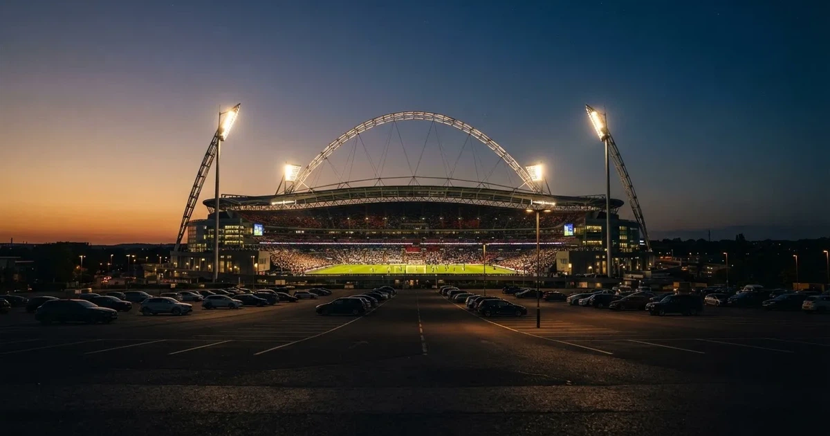 Ein Fußballstadion unter Flutlicht aus großer Entfernung, davor ein dunkler Parkplatz und ein heller Abendhimmel.