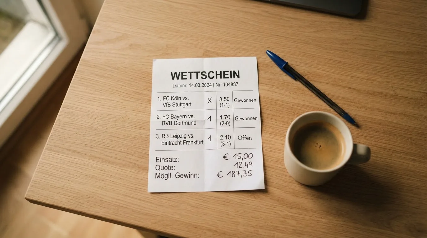 Ein leerer Wettschein aus Papier liegt neben einem Kugelschreiber und einer Tasse auf einem hellen Holztisch.