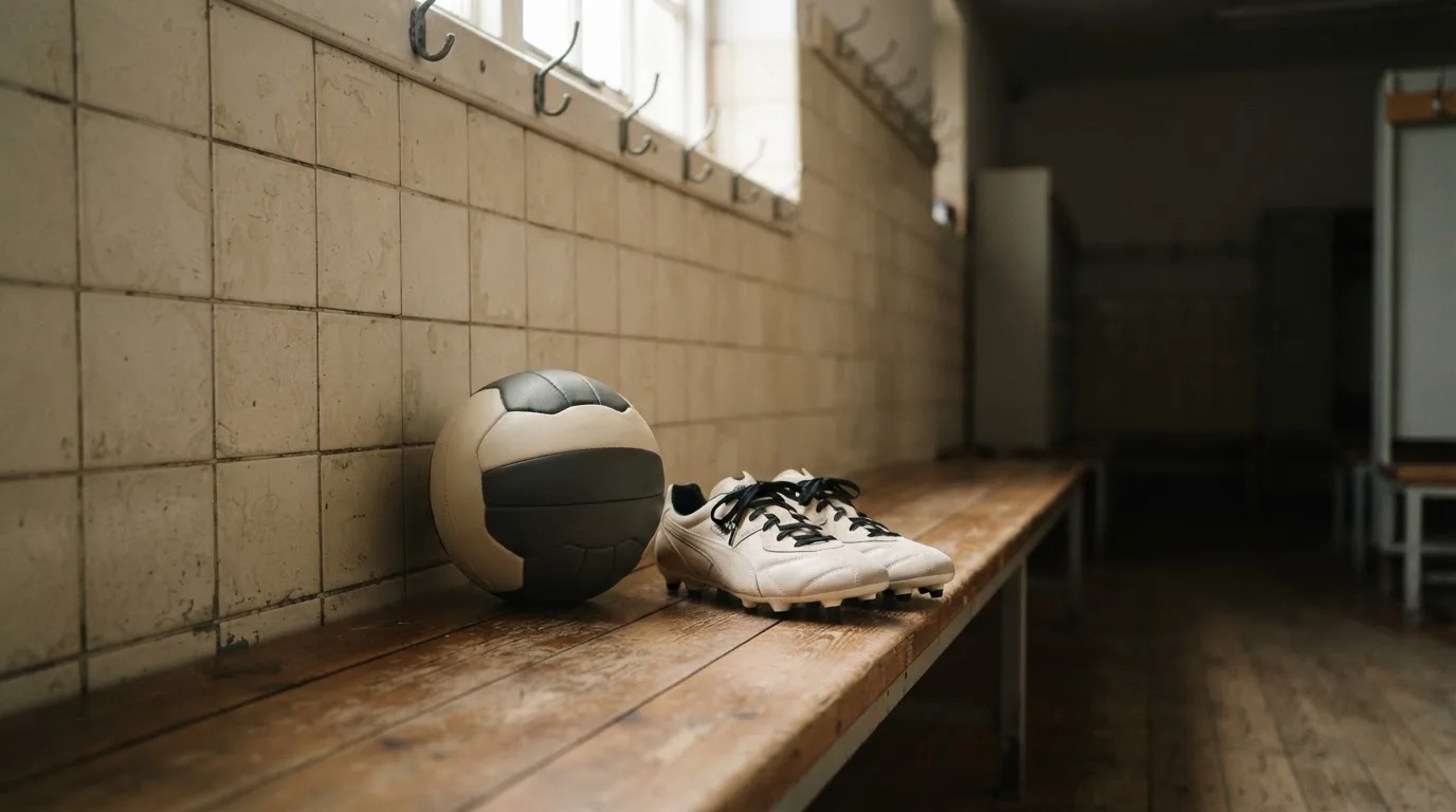 Ein Fußball liegt neben einem Paar Fußballschuhen ohne Markenzeichen auf einer Holzbank in einer leeren Umkleide.