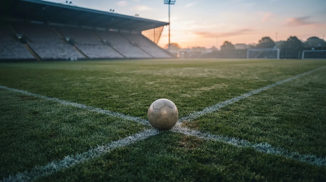 Ein Fußball liegt auf dem Anstoßpunkt eines leeren Rasenplatzes in der Morgendämmerung, im Hintergrund eine leere Tribüne.