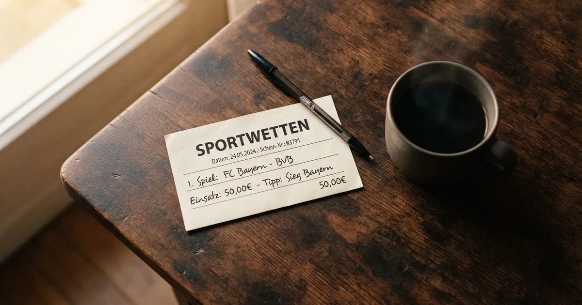 Ein leerer Wettschein aus Papier liegt neben einem Kugelschreiber und einer Tasse Kaffee auf einem Tisch, Aufnahme von oben.