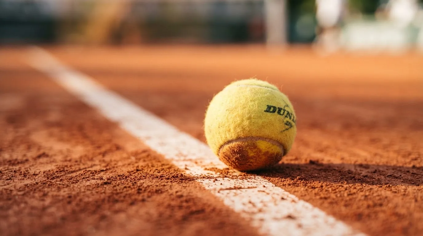 Ein einzelner Tennisball liegt auf rotem Sand neben einer weißen Linie, geringe Schärfentiefe.