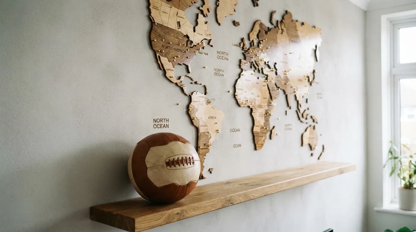Eine Weltkarte aus Holz hängt an einer Wand, davor liegt ein Fußball auf einem Regal, ohne erkennbare Beschriftung.