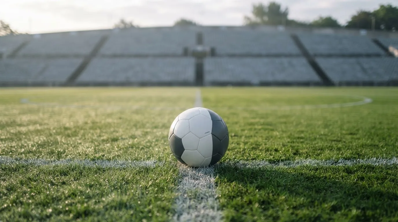 Ein Fußball liegt auf dem Anstoßpunkt eines leeren Rasenplatzes im frühen Morgenlicht, dahinter eine leere Tribüne.