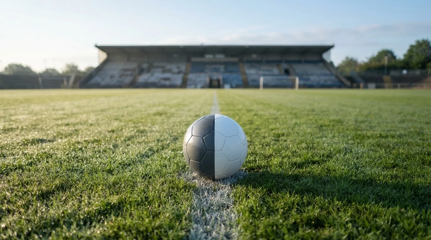 Ein Fußball liegt auf dem Anstoßpunkt eines leeren Rasenplatzes im frühen Morgenlicht, dahinter eine leere Tribüne.