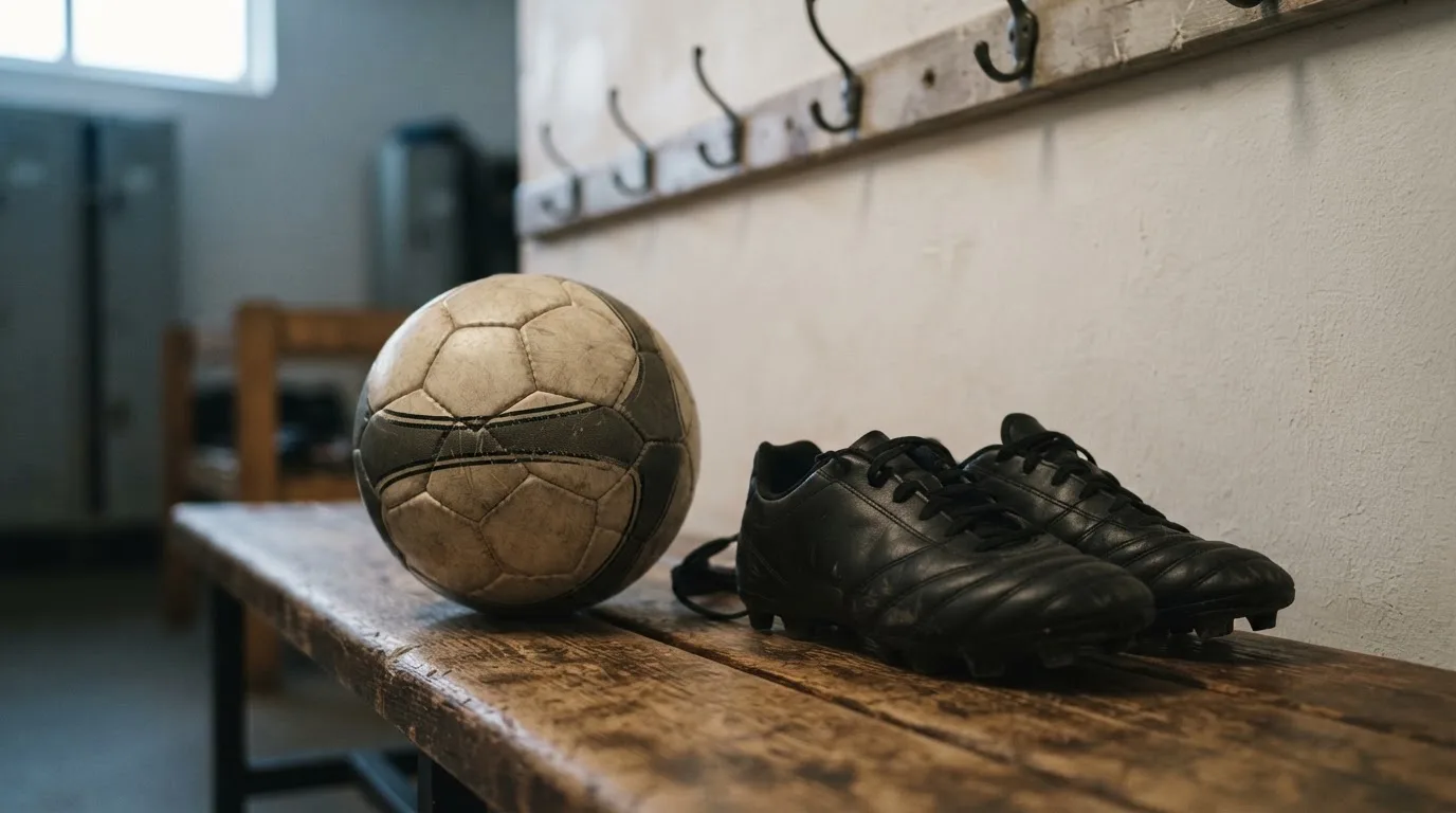 Ein Fußball liegt auf einer Holzbank in einer leeren Umkleide neben einem Paar Fußballschuhen ohne Markenzeichen.