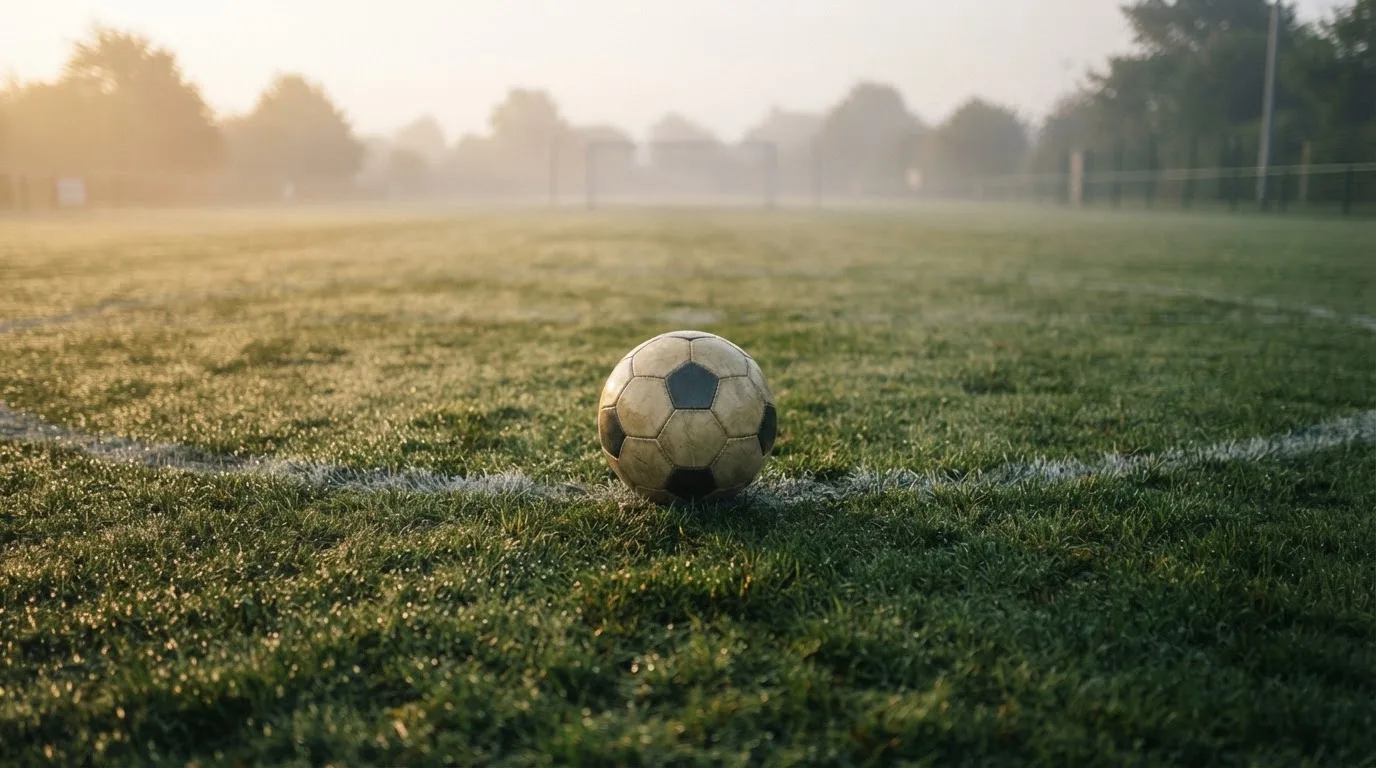 Ein Fußball ruht auf dem Mittelkreis eines leeren Rasenplatzes in der Morgendämmerung, Tau liegt auf dem Gras.