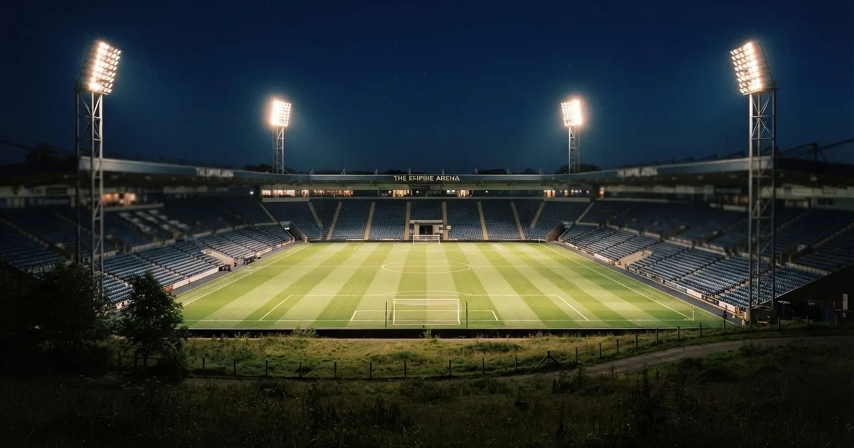Ein Stadion bei Nacht unter Flutlicht aus der Ferne gesehen, der Rasen ist hell erleuchtet, keine erkennbaren Personen.