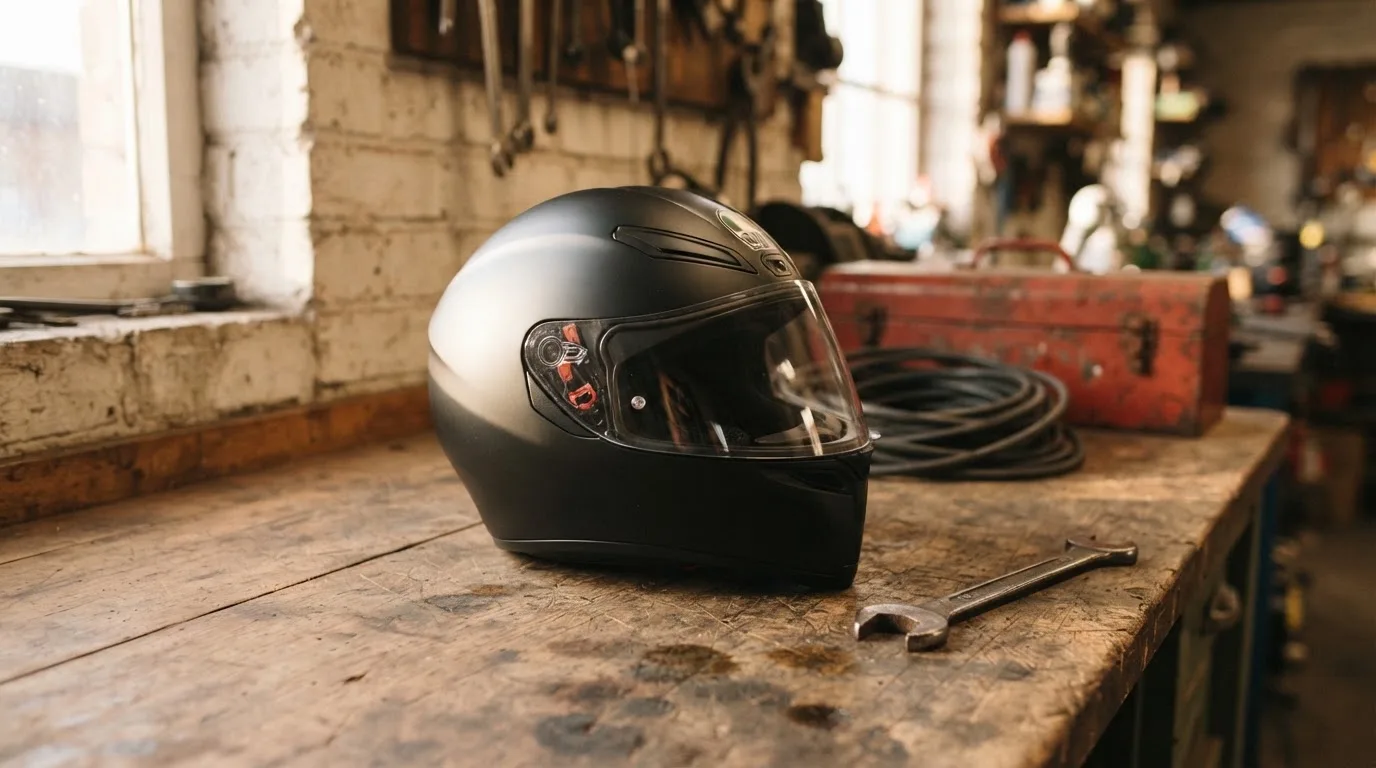 Ein schwarzer Motorradhelm ohne Aufdruck liegt auf einer Werkbank neben einem Schraubenschlüssel, warmes Licht einer Werkstatt.