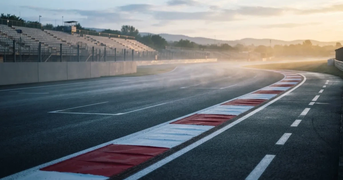 Eine leere Rennstrecke mit rot-weißen Randsteinen im frühen Morgenlicht, auf dem Asphalt liegt dünner Nebel, keine Fahrzeuge.