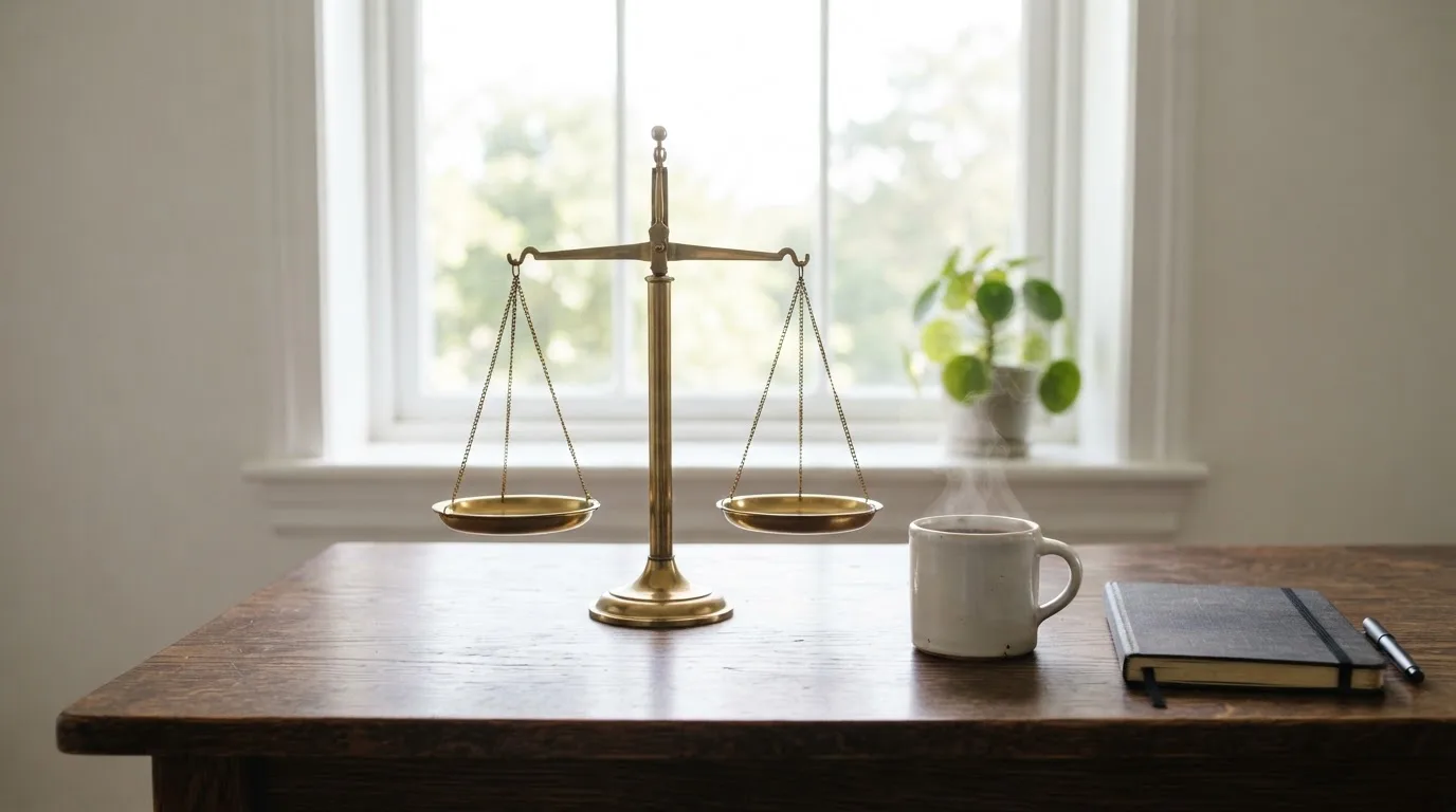 Eine Messingwaage steht auf einem Holzschreibtisch neben einer Kaffeetasse, im Hintergrund ein helles Fenster.