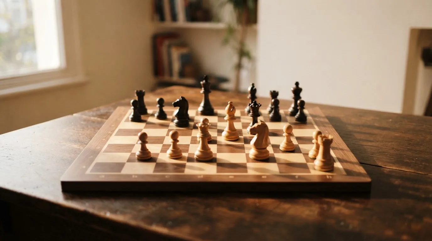 Ein Schachbrett mit wenigen Figuren in einer Mittelspielstellung steht auf einem Holztisch, seitliches Licht.
