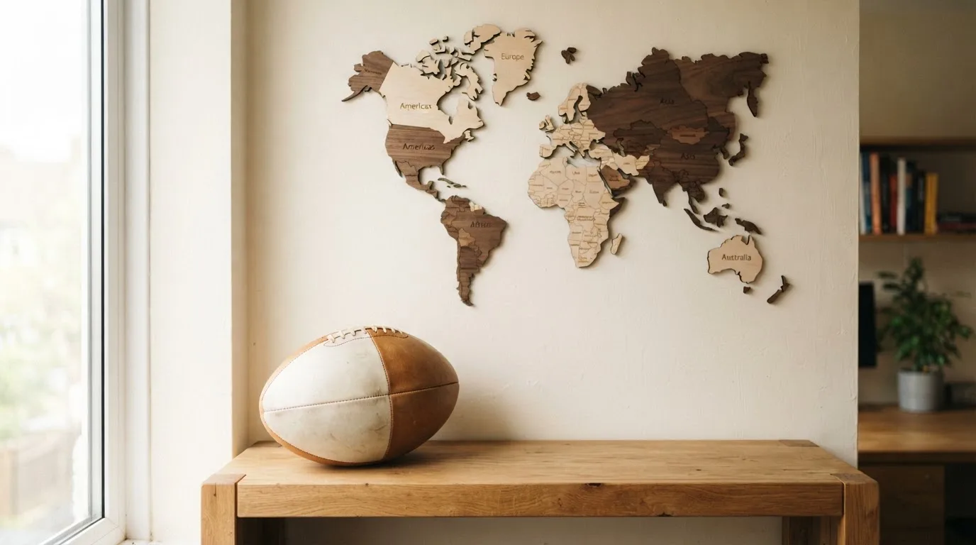 Eine Weltkarte aus Holz hängt an einer Wand, davor liegt ein Fußball auf einem Regal, ohne erkennbare Beschriftung.