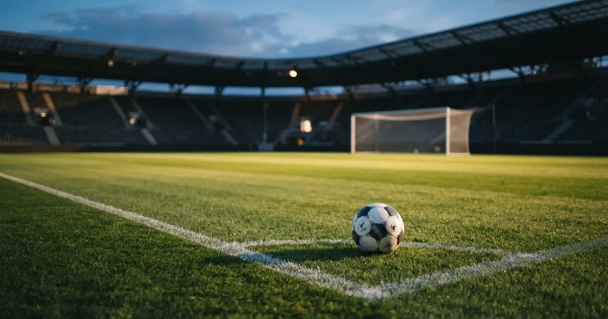 Ein Fußballplatz mit frisch gemähtem Rasen im Abendlicht, ein Ball liegt im Strafraum, im Hintergrund unscharf eine leere Tribüne.