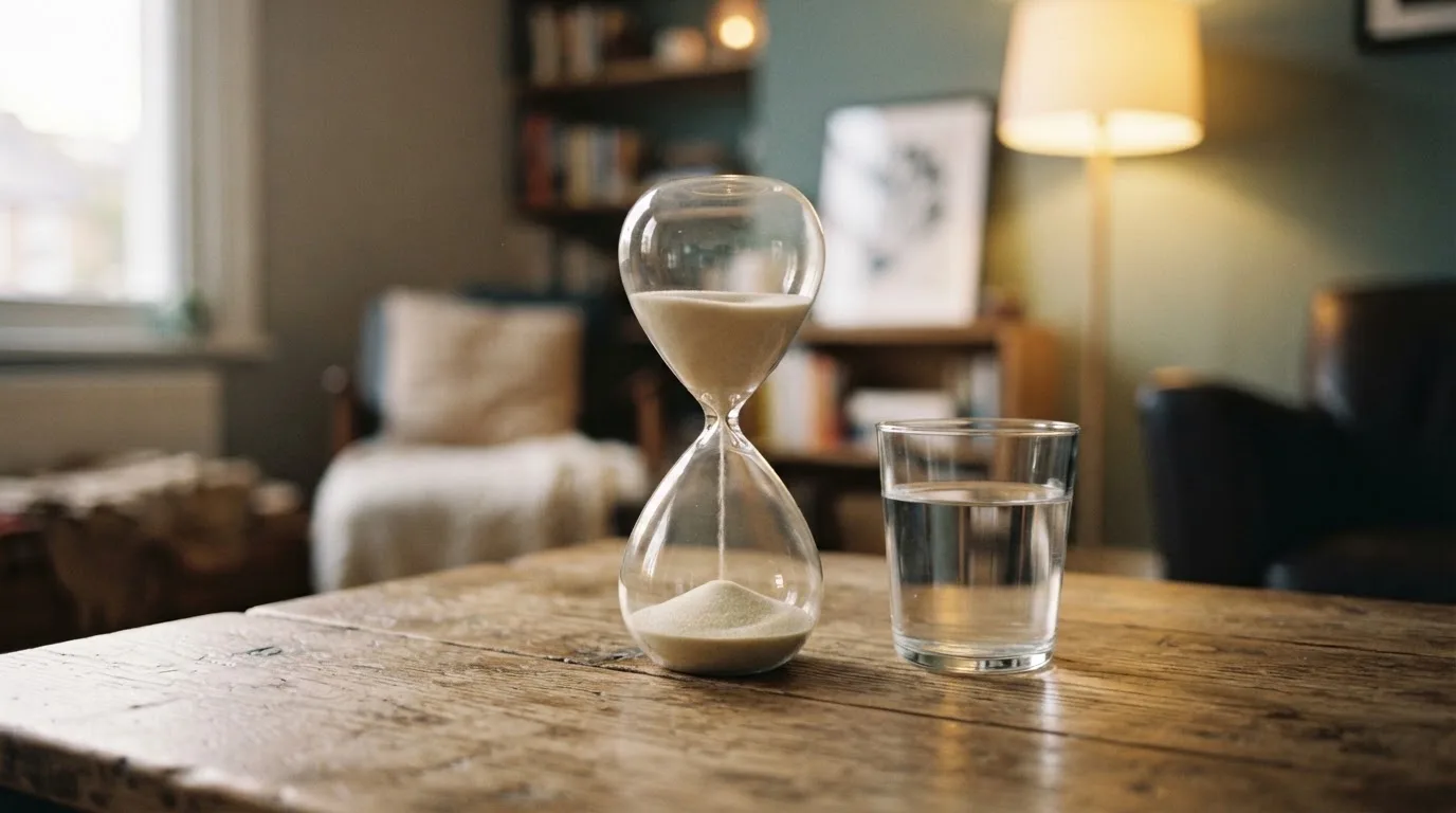 Eine Sanduhr und ein Glas Wasser stehen auf einem Tisch, im Hintergrund unscharf ein ruhiger Raum mit einer Stehlampe.