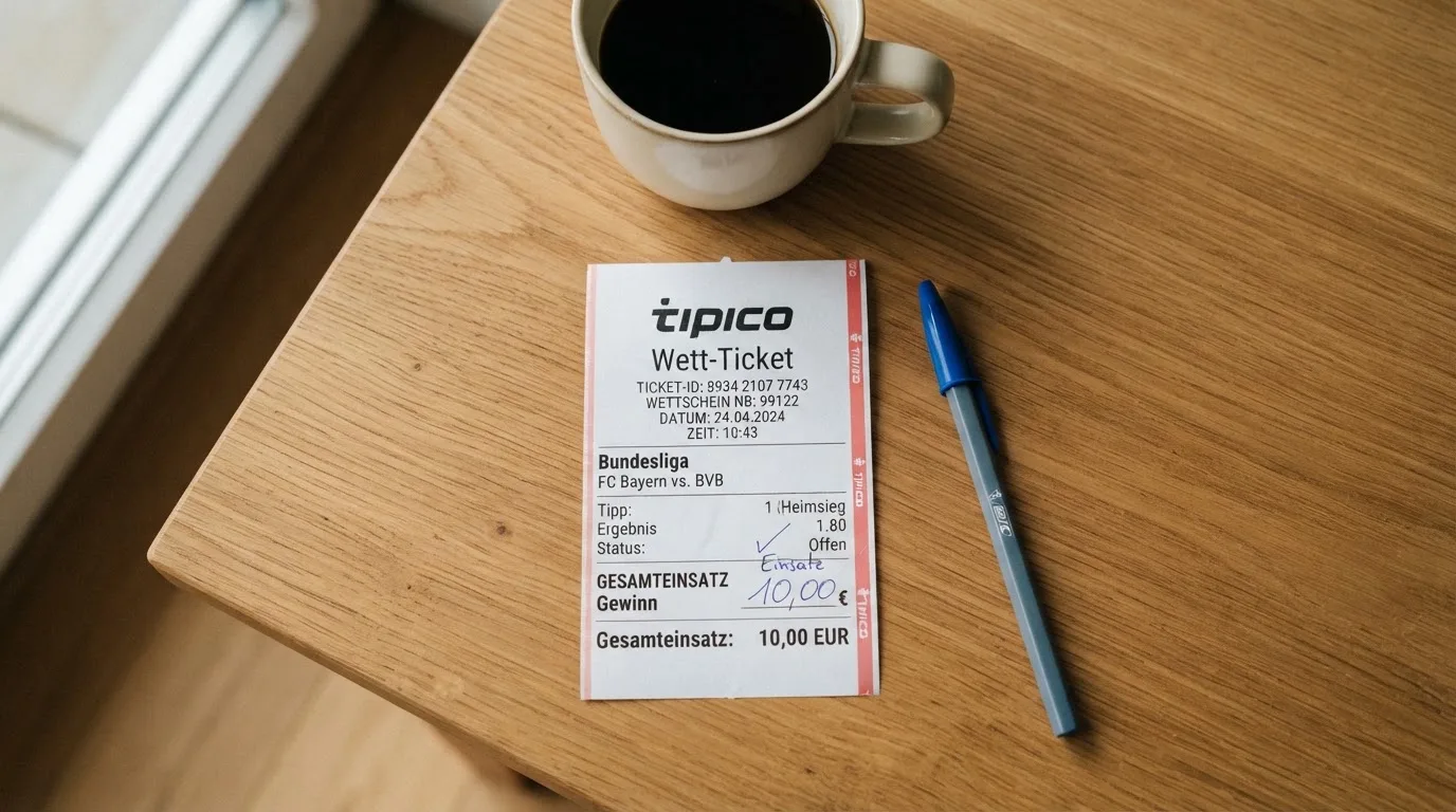 Ein leerer Wettschein aus Papier liegt neben einem Kugelschreiber und einer Tasse Kaffee auf einem Holztisch, Aufnahme von oben.