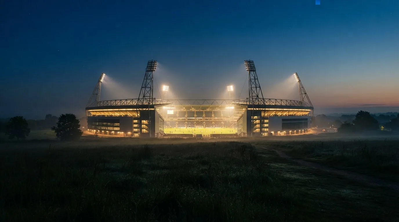 Ein großes Stadion unter Flutlicht, aus der Ferne über eine dunkle Wiese gesehen, die Lichtmasten spiegeln sich im Dunst der Abenddämmerung.