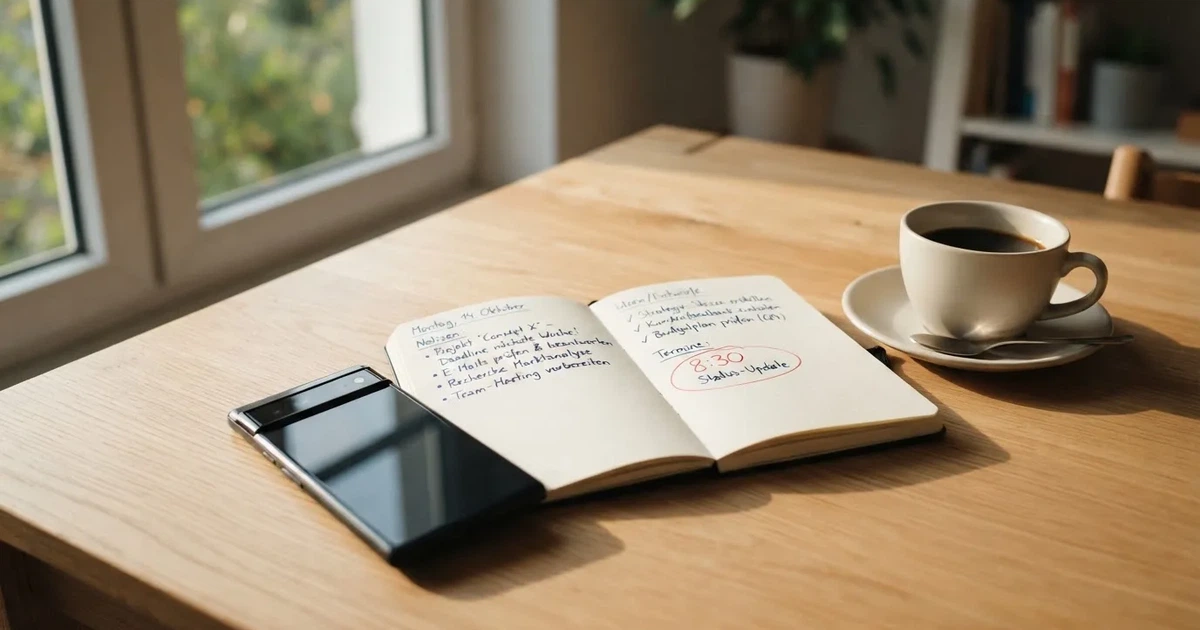Ein Smartphone mit dunklem Display liegt neben einem Notizbuch mit handschriftlichen Notizen auf einem hellen Holztisch, daneben eine Tasse Kaffee im Morgenlicht.