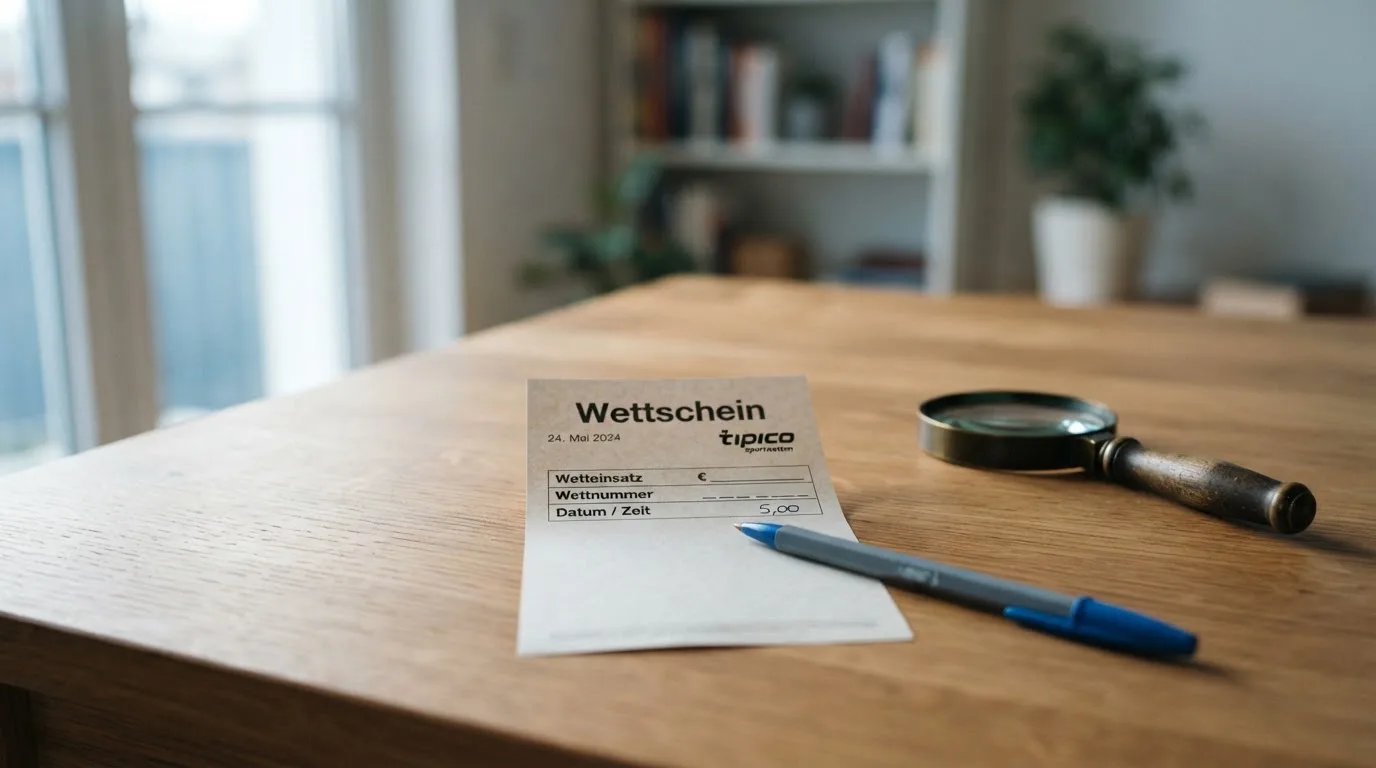 Ein leerer Papierwettschein und ein Kugelschreiber liegen auf einem aufgeräumten Schreibtisch neben einer Lupe, weiches Licht von einem Fenster.