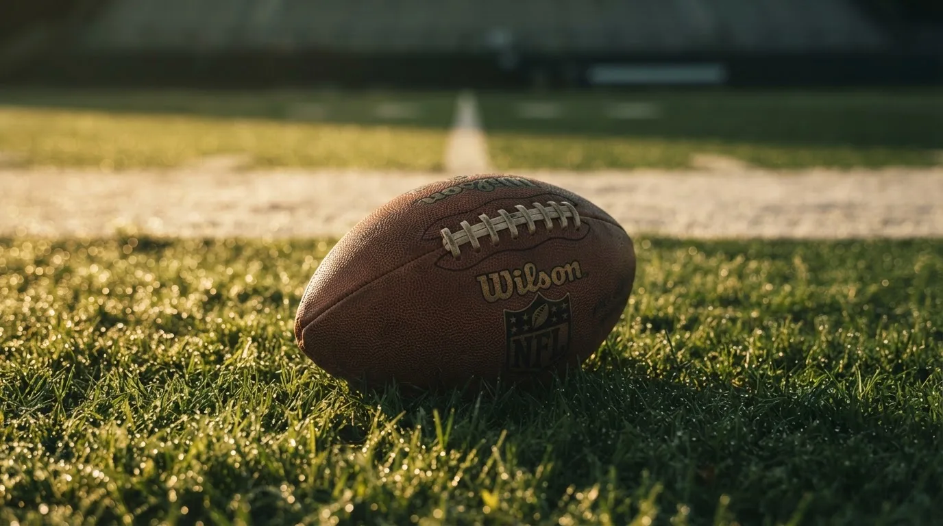 Ein ovaler Lederball mit heller Schnürung liegt auf dem Rasen vor der Endzone, Tau auf dem Gras im ersten Morgenlicht.