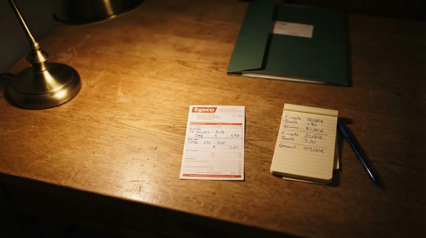 Ein leerer Papierwettschein, ein Kugelschreiber und ein Taschenrechner liegen auf einem Holztisch, warmes Licht einer Schreibtischlampe.