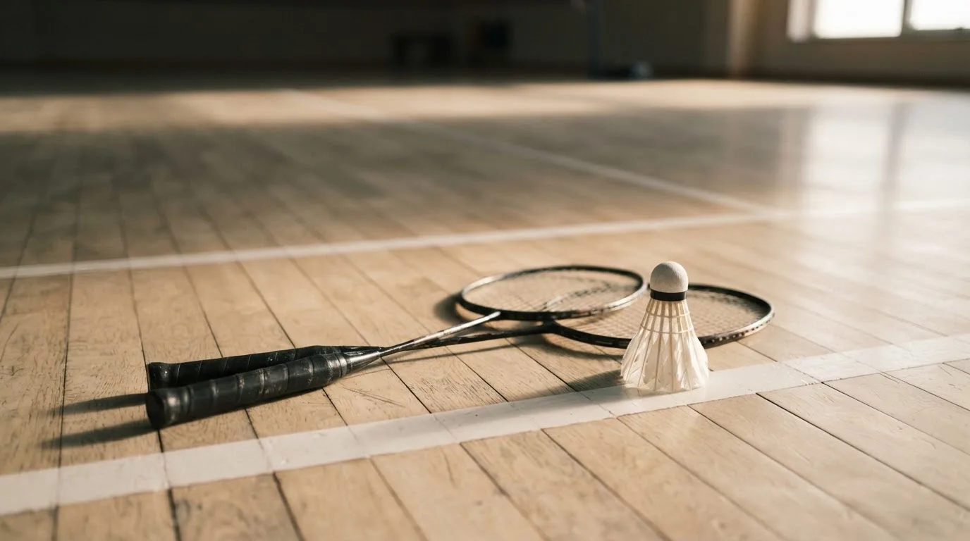 Zwei Badmintonschläger und ein Federball liegen auf einem Holzboden neben der Seitenlinie, weiches Licht fällt von der Seite ein.