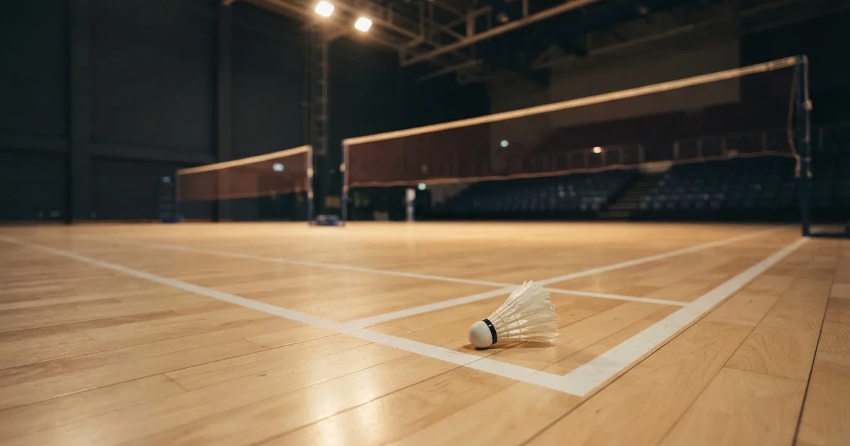 Eine leere Badmintonhalle mit gespanntem Netz und hellen Hallenlichtern, ein Federball liegt auf dem Hallenboden.