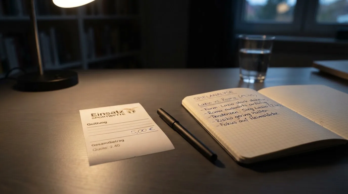 Ein leerer Papierwettschein und ein Kugelschreiber auf einer glatten Schreibtischplatte, daneben ein aufgeschlagenes Notizbuch mit handschriftlichen Notizen.