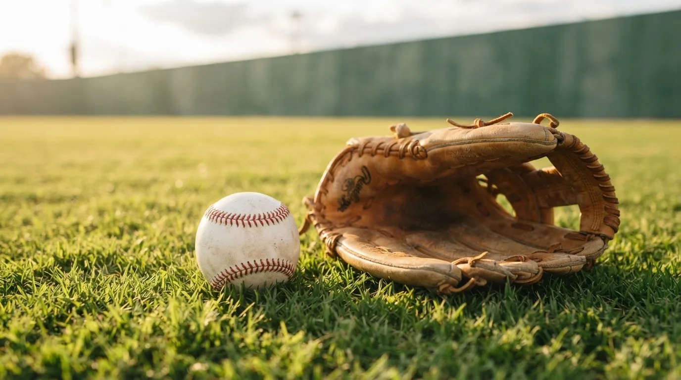 Ein weißer Baseball und ein Lederhandschuh liegen auf kurz geschnittenem Gras, im Hintergrund eine verschwommene Spielfeldbande.