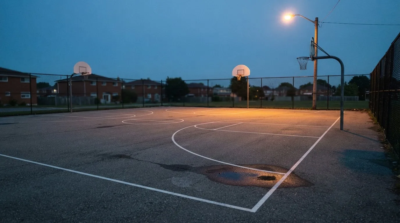 Ein Freiluft-Basketballplatz am Abend mit Asphalt, Linien und zwei Körben unter einer Straßenlaterne.