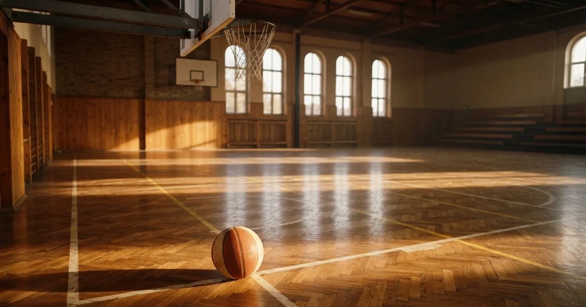 Ein Basketball liegt unter dem Korb auf dem Parkett einer leeren Sporthalle, Licht fällt durch hohe Fenster.