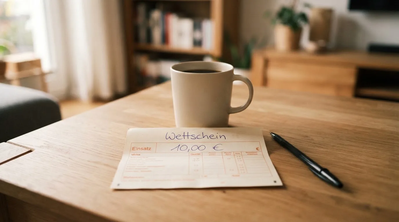 Ein leerer Wettschein aus Papier liegt neben einem Kugelschreiber und einer Tasse auf einem hellen Holztisch.