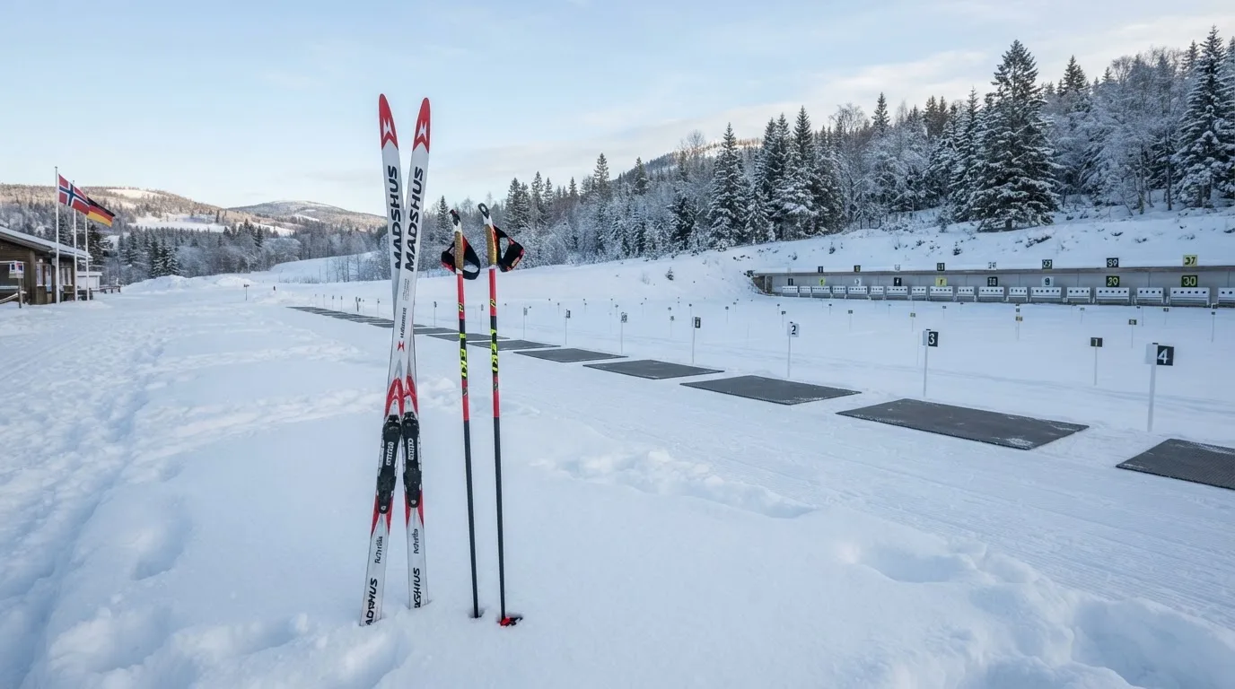 Ein Paar Langlaufskier steckt aufrecht im Schnee neben einem leeren Schießstand mit runden Zielscheiben, kaltes Winterlicht.