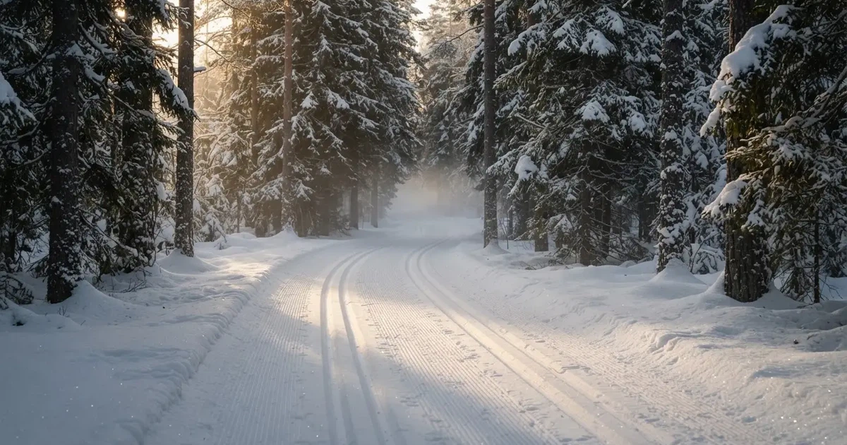 Eine verschneite Loipe zwischen Fichten im Morgenlicht, frische Spuren im Schnee, kein Mensch zu sehen.