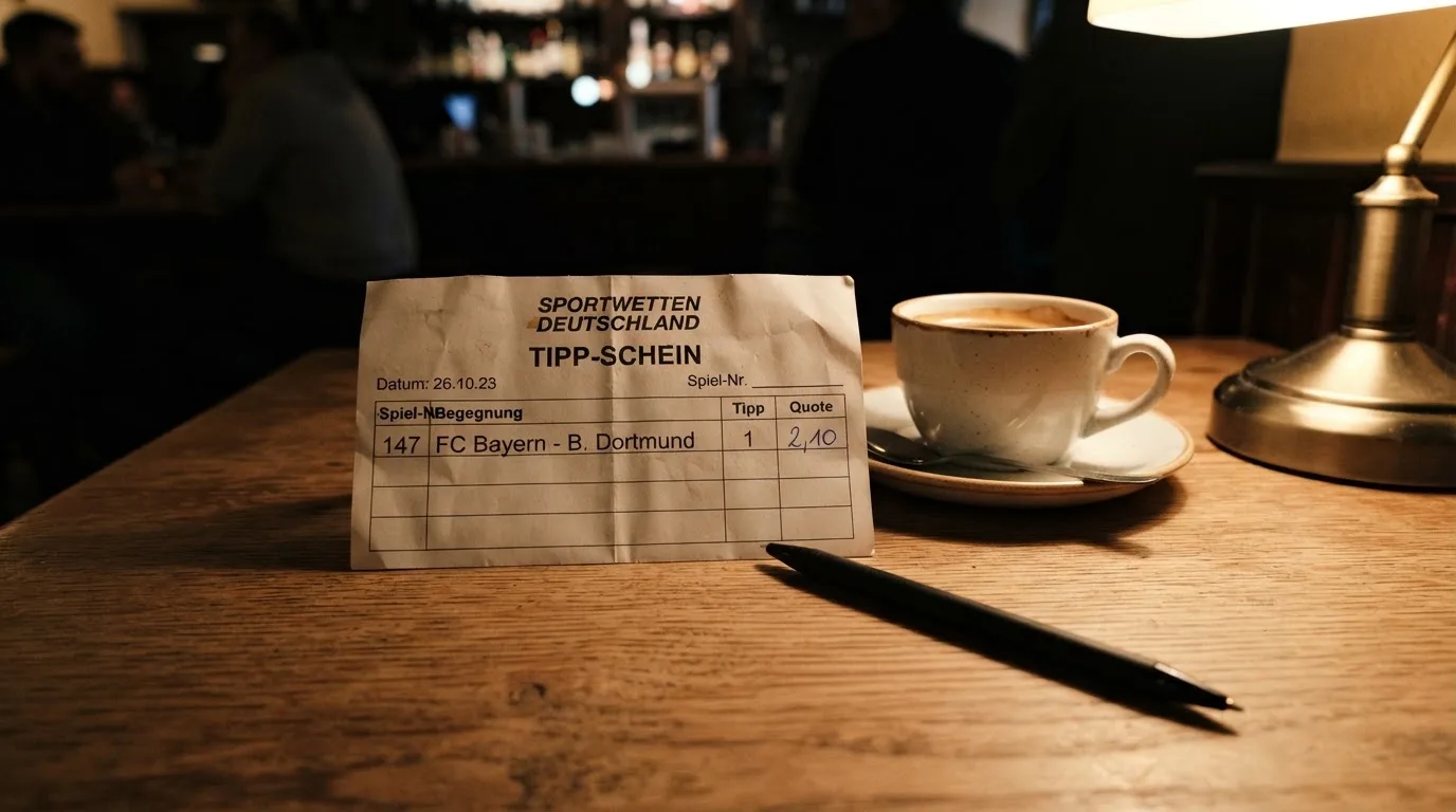 Ein leerer Papierwettschein und ein Kugelschreiber liegen auf einem Holztisch neben einer Tasse, warmes Licht einer Lampe.