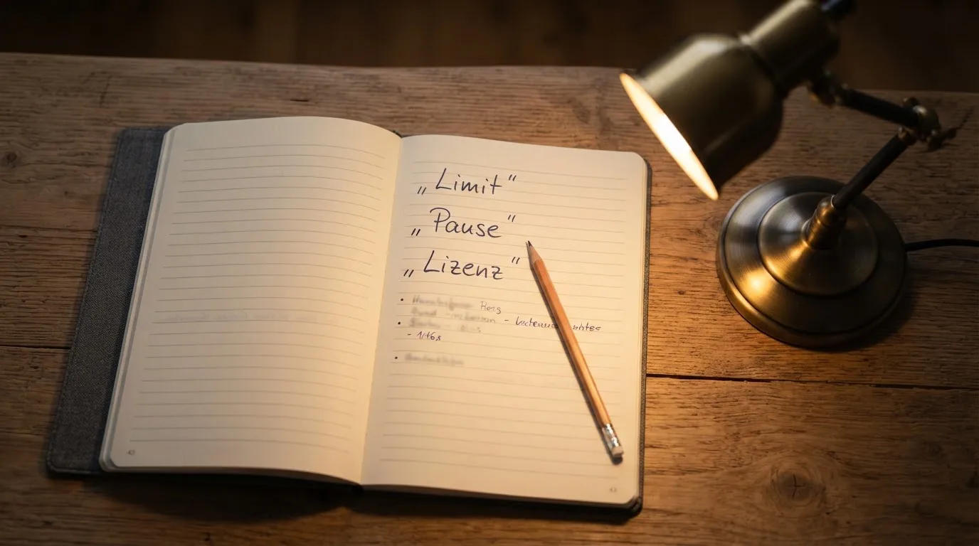 Ein Notizbuch mit handschriftlichen Notizen und ein Bleistift liegen neben einer Tischlampe auf einem Schreibtisch, ruhiges Abendlicht.