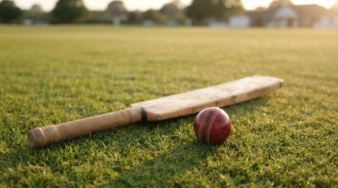 Ein Cricketschläger aus hellem Holz und ein roter Lederball liegen auf kurzem Rasen, weiches Abendlicht.