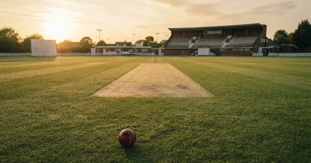 Ein weites grünes Cricketfeld mit einem hellen Streifen in der Mitte, tief stehende Sonne, im Hintergrund eine leere Tribüne.
