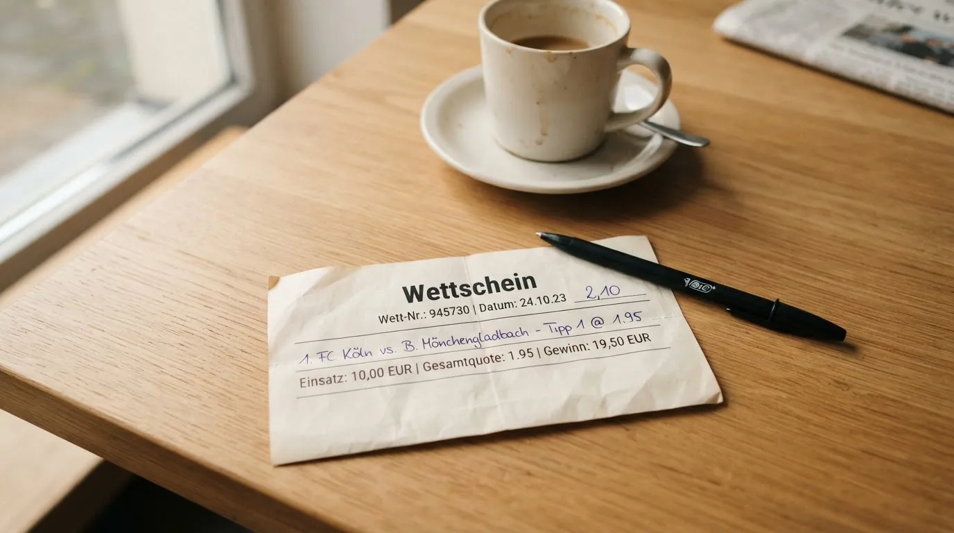 Ein leerer Wettschein aus Papier liegt neben einem Kugelschreiber und einer Tasse auf einem hellen Holztisch.
