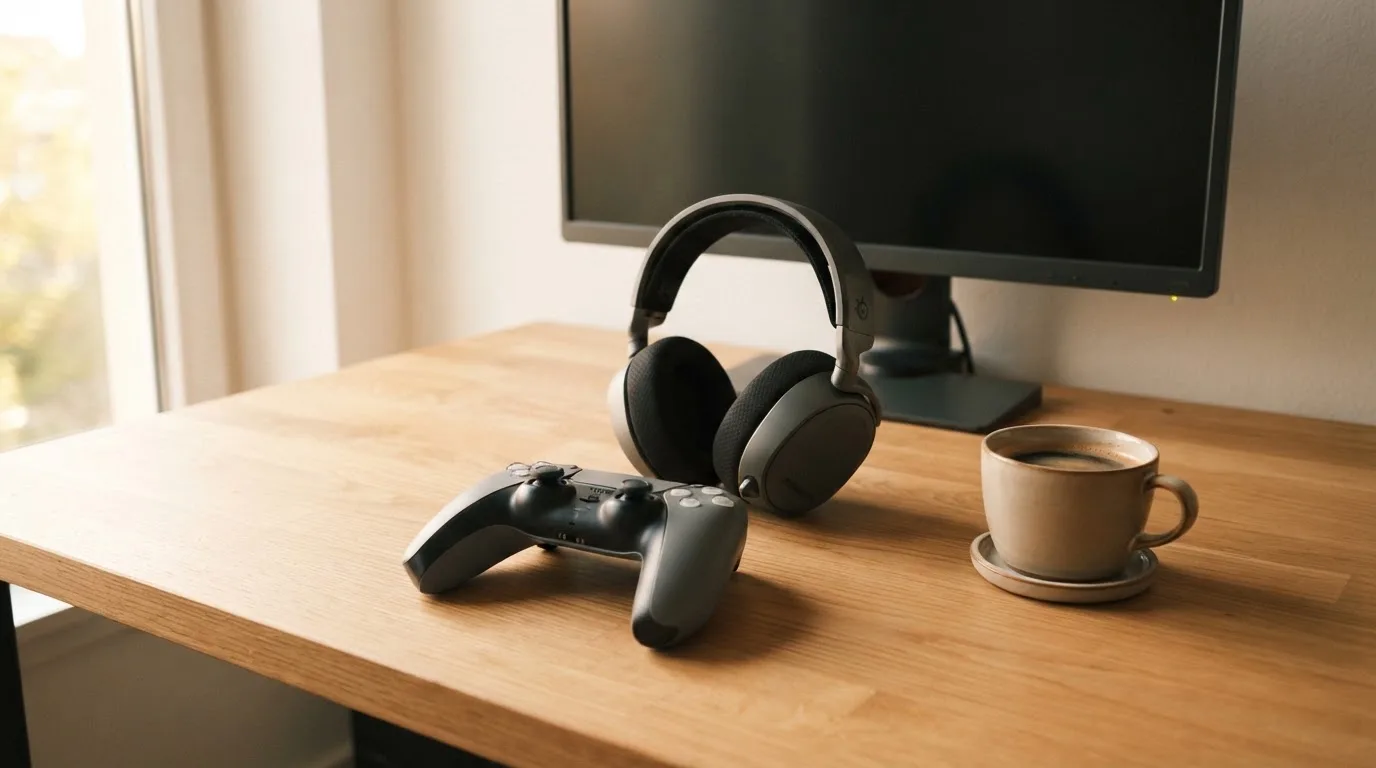 Ein Gamepad und ein Headset liegen auf einem Schreibtisch neben einer Tasse, der Bildschirm im Hintergrund ist ausgeschaltet.
