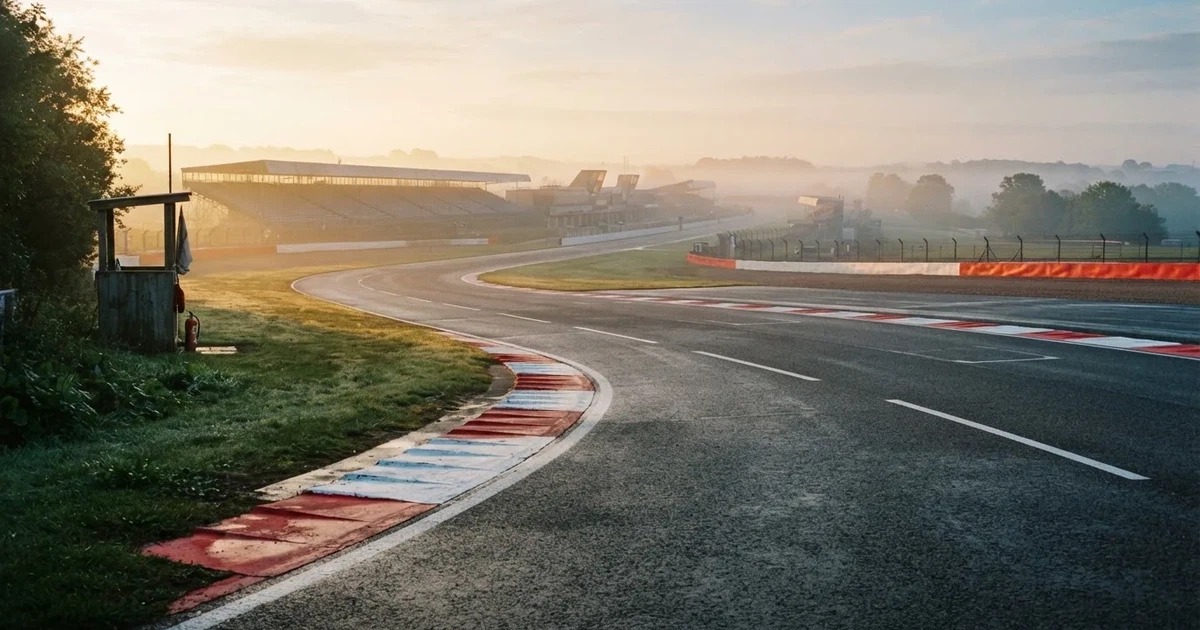 Eine leere Rennstrecke im Morgennebel, Asphalt mit rot-weißen Randsteinen, im Hintergrund Tribünen in der Ferne.