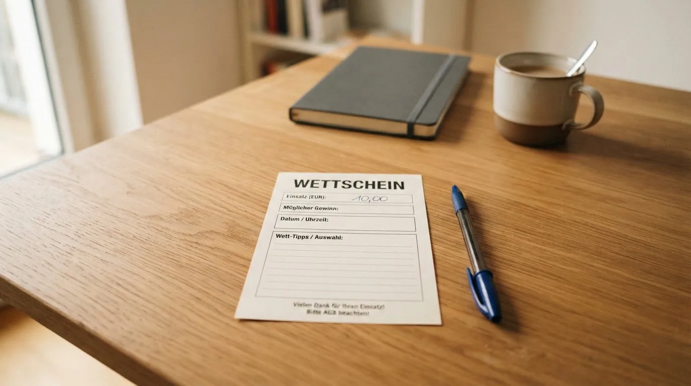 Ein leerer Papierwettschein und ein Kugelschreiber liegen auf einem aufgeräumten Schreibtisch, weiches Licht von einem Fenster.