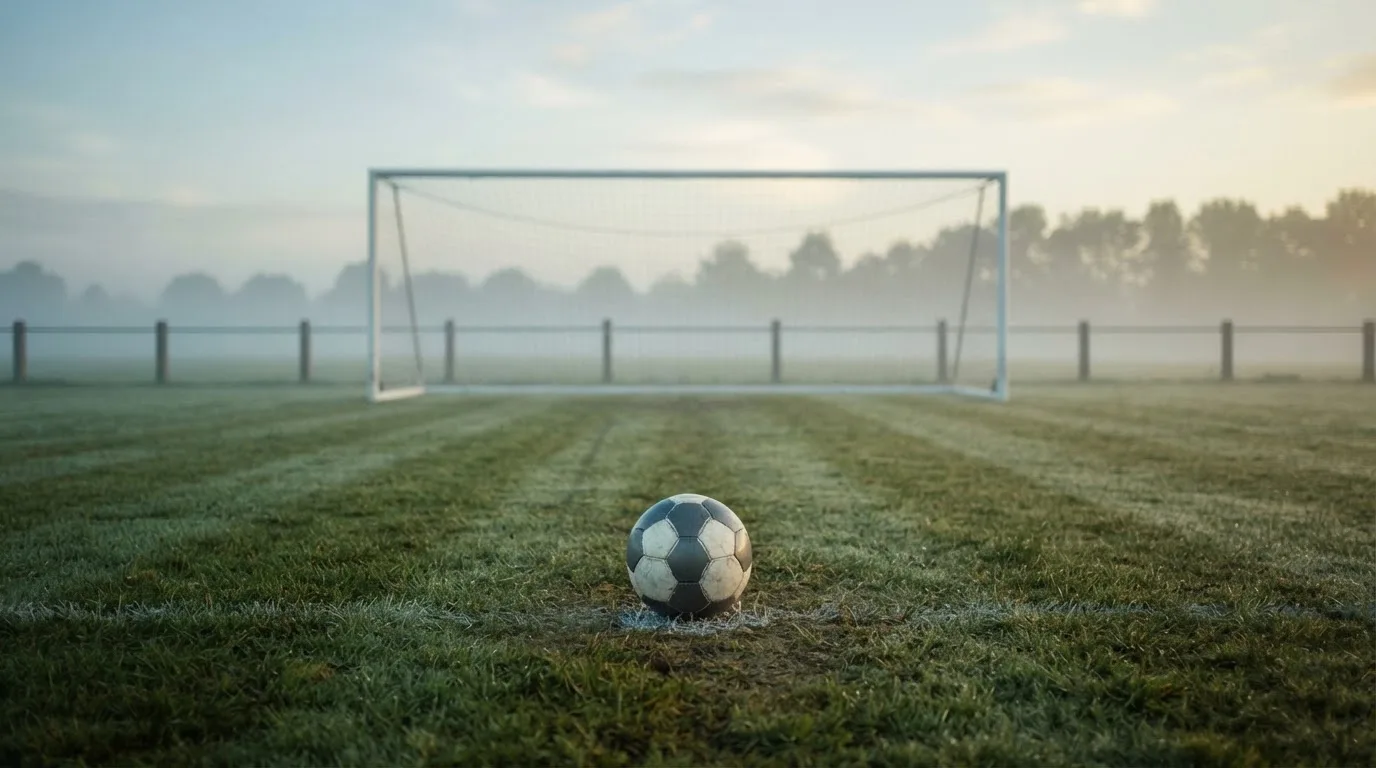 Ein Fußball liegt auf dem Elfmeterpunkt eines leeren Rasenplatzes, im Hintergrund unscharf ein Tor im Morgendunst.