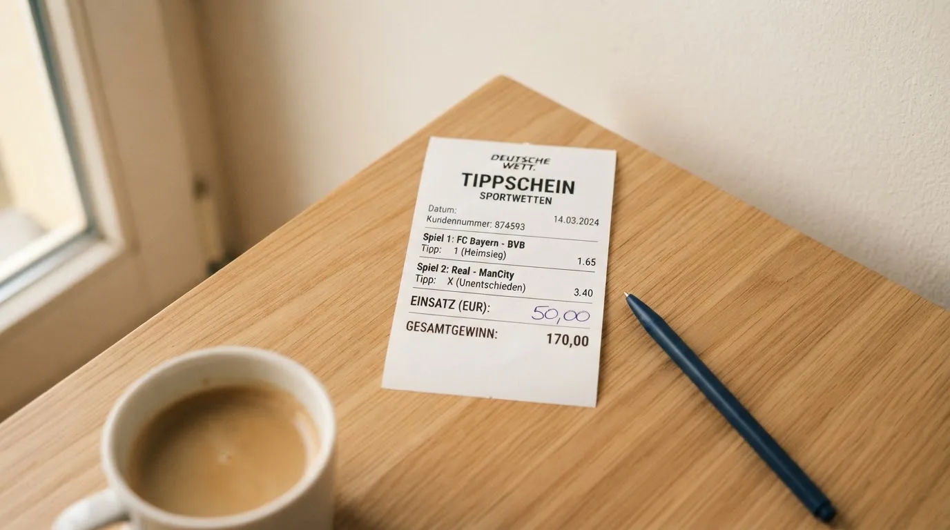 Ein leerer Wettschein aus Papier liegt neben einem Kugelschreiber und einer Tasse auf einem hellen Holztisch.