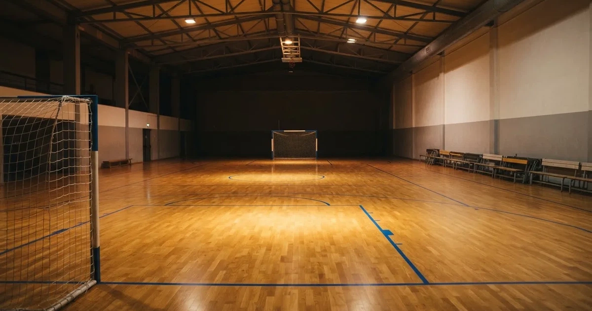 Eine leere Sporthalle mit hellem Hallenboden, kleinen Toren an beiden Enden und blauen Linien, Licht fällt von oben.