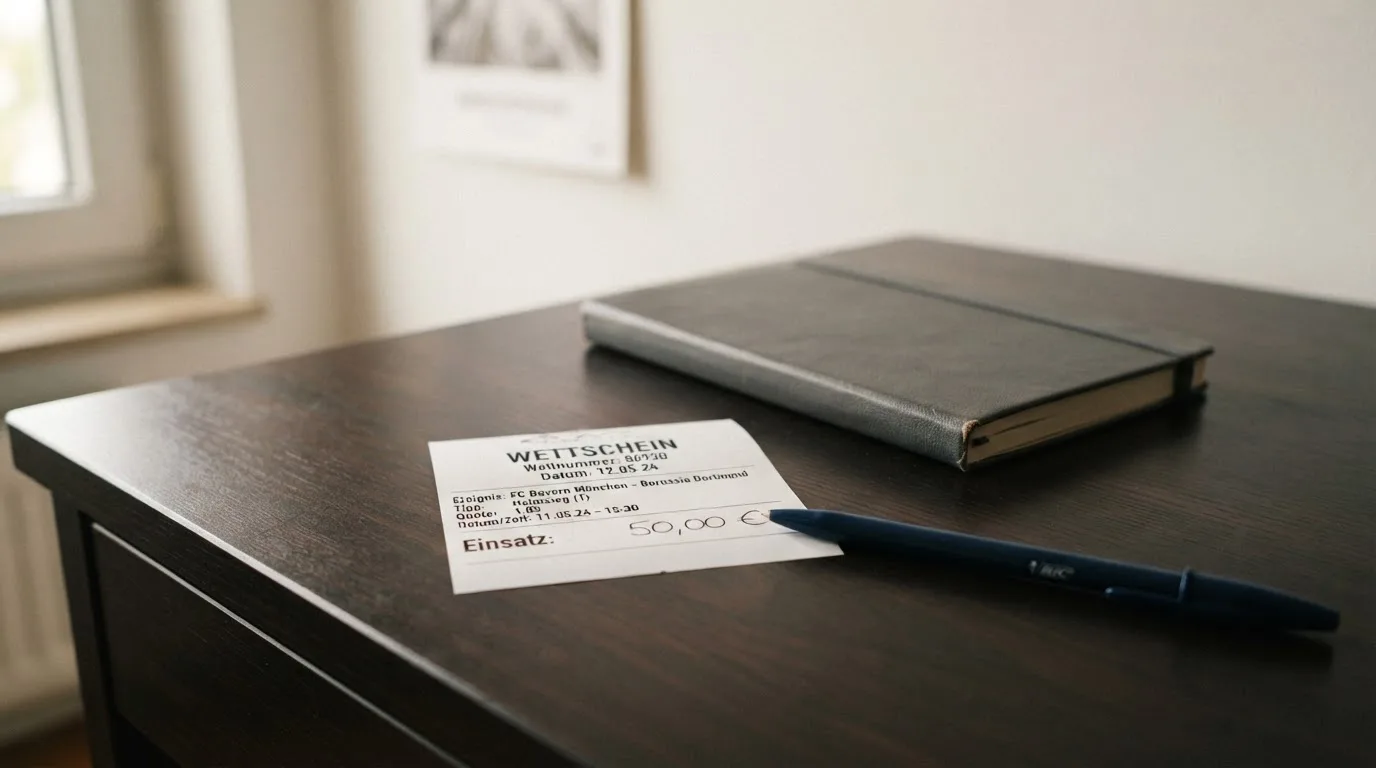 Ein leerer Papierwettschein und ein Kugelschreiber liegen auf einer glatten Schreibtischplatte neben einem Notizbuch.