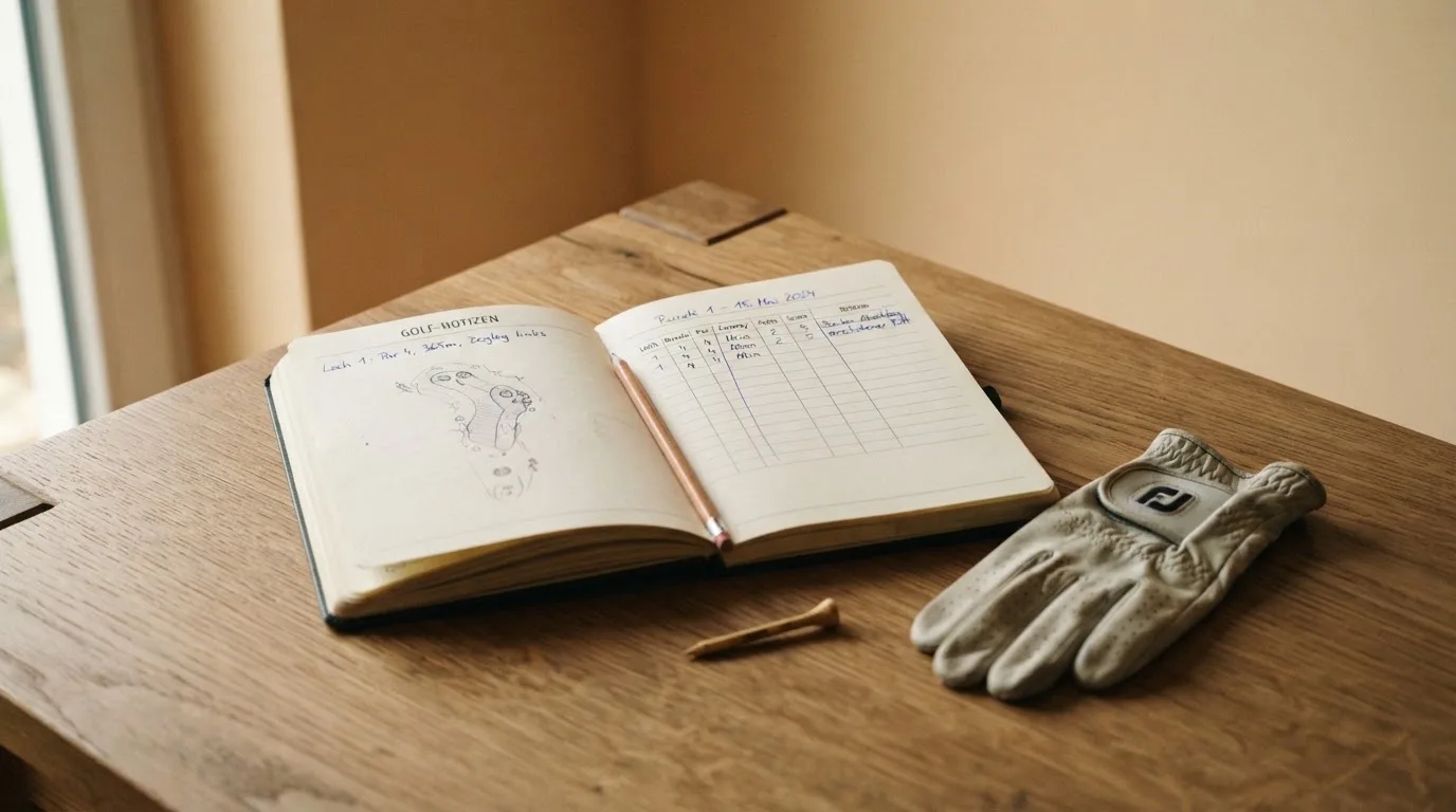 Ein Notizbuch mit handschriftlichen Notizen und ein Bleistift liegen neben einem Golfhandschuh und einem Tee auf einem Holztisch.