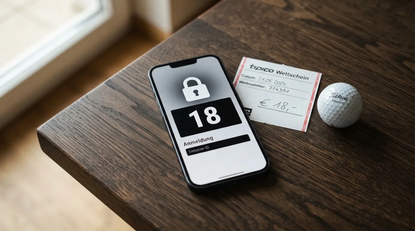 Ein leerer Wettschein aus Papier liegt neben einem Smartphone mit dunklem Display auf einem Tisch, daneben ein einzelner Golfball.